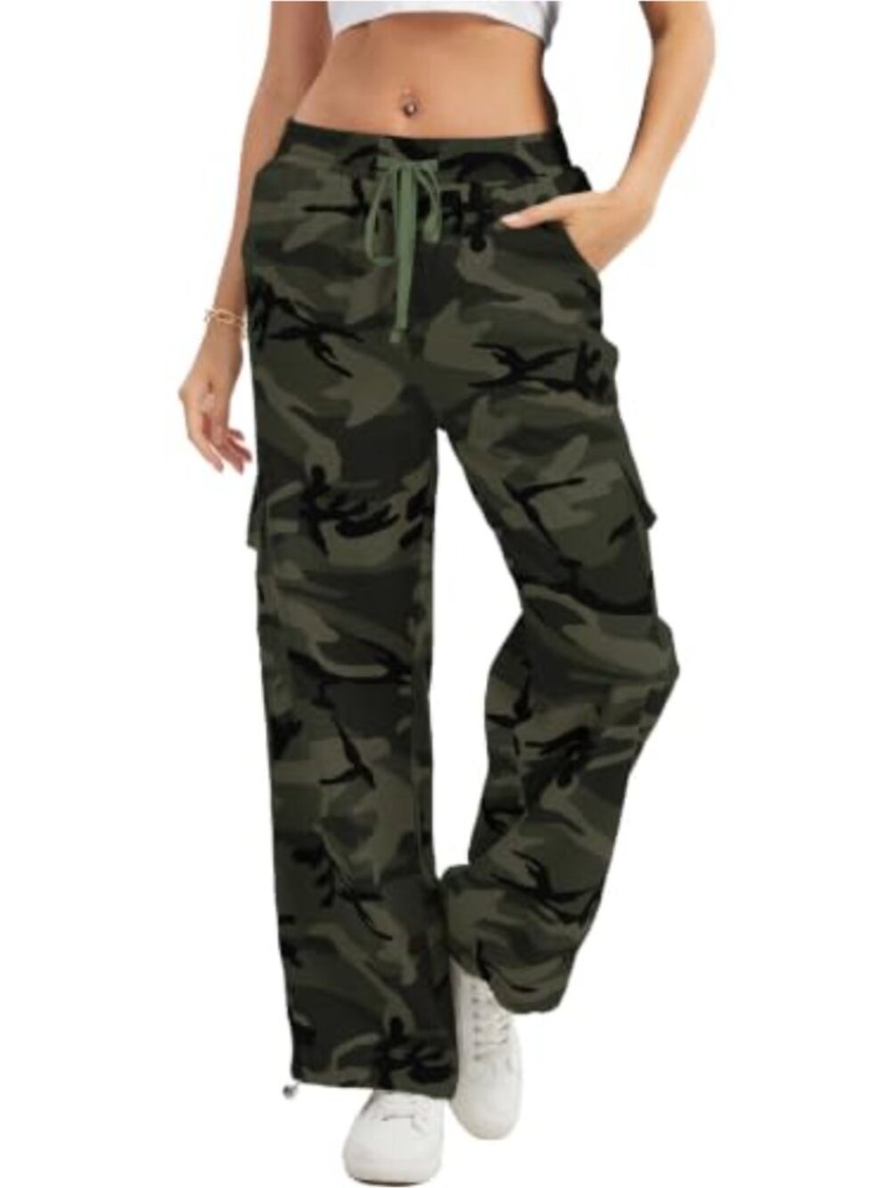Women's High Waisted Wide Leg Camo Cargo Pants Elastic Waist Drawstring